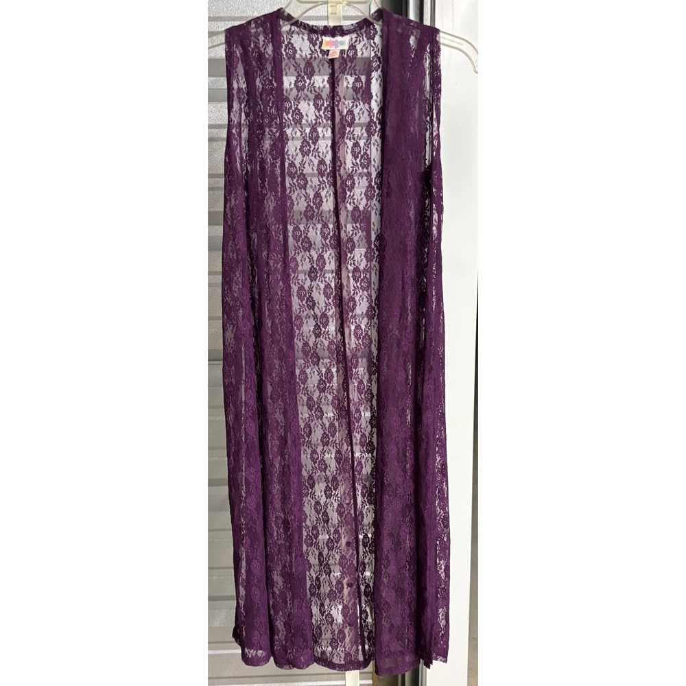 LuLaRoe Joy Vest XS Purple Floral Lace Duster Sleeveless Open Front Longline